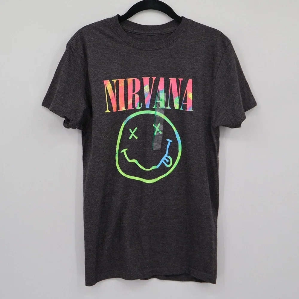 Nirvana Smiley Face Graphic Tee‎ Mens M Gray Grunge Seattle Band Shirt Alt NWOT